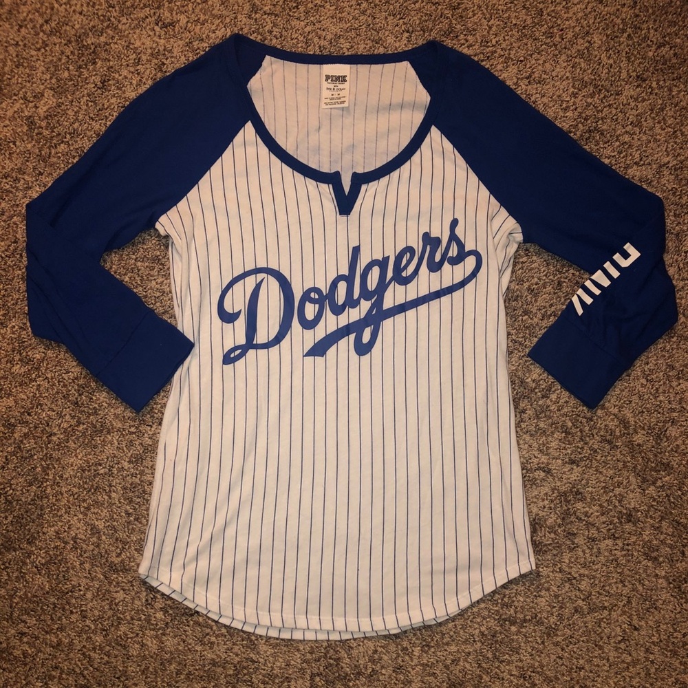 PINK White & Blue Dodgers 3/4 Sleeve Striped Shirt